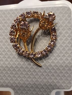 Gold Floral Circle Brooch with Light Purple Stones